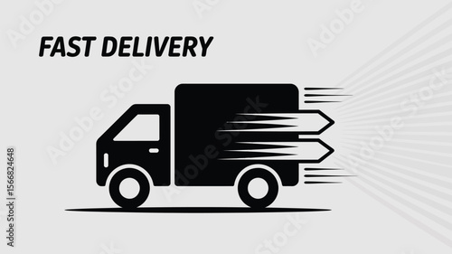 A black delivery truck with speed lines and the words fast delivery on a white background