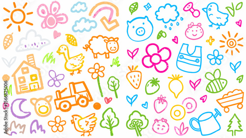 Wallpaper Mural Cute kid crayon hand drawn icon background. Vector kid sketch illustration. Cute crayon children pattern. Torontodigital.ca