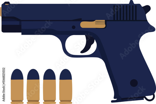 Handgun with bullets side view vector illustration of navy blue pistol and ammunition design elements