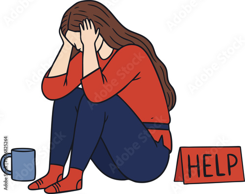 Stressed woman sitting with head in hands next to help sign and cup vector illustration