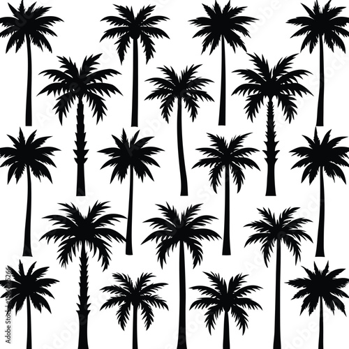 A collection of black silhouette palm trees of varying heights and leaf densities against a clean white background creating a tropical pattern