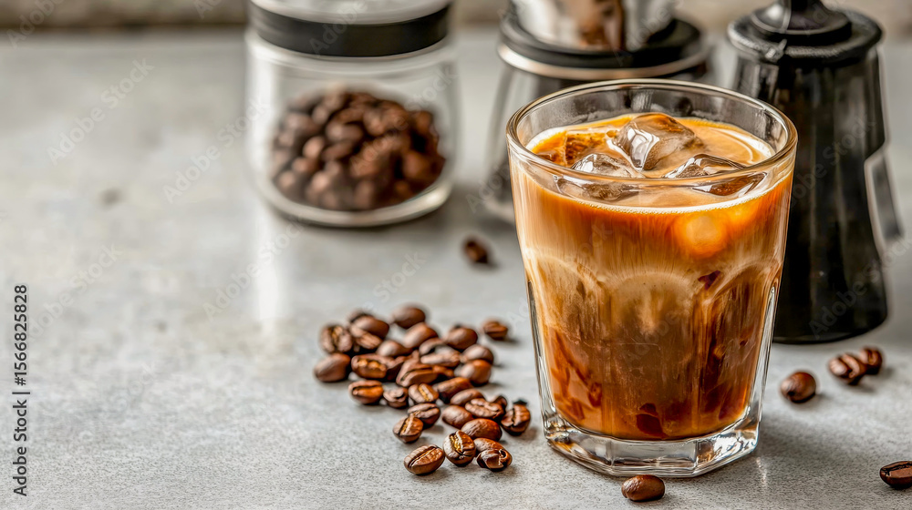 An enticing glass of iced coffee sits amid scattered coffee beans and an elegant portafilter. The modern setup on a clean white surface showcases a perfect beverage ready to enjoy An enticing glass of iced coffee sits amid scattered coffee beans and an elegant portafilter. The modern setup on a clean white surface showcases a perfect beverage ready to enjoy