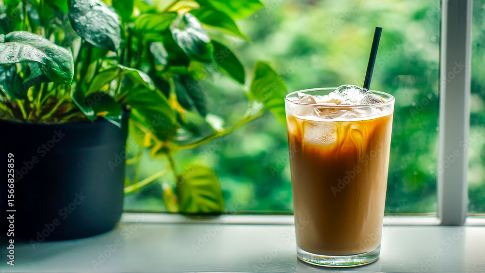Fototapeta premium Iced coffee resting on a windowsill invites relaxation, complemented by a vibrant backdrop of green plants softly illuminated by gentle daylight. Perfect for a serene moment indoors