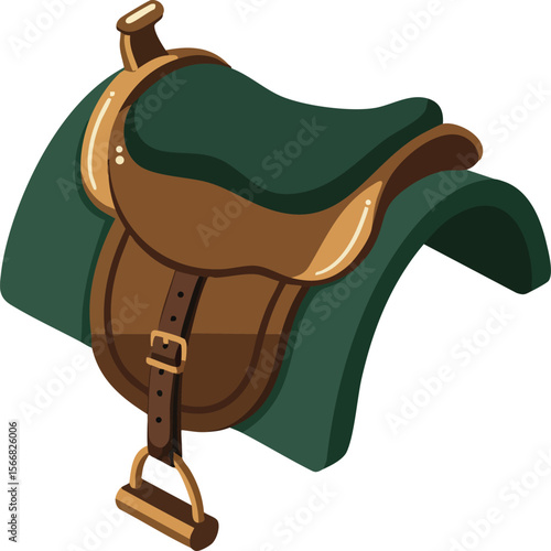 Horse riding saddle with green blanket vector design for equestrian sports and outdoor activities illustration