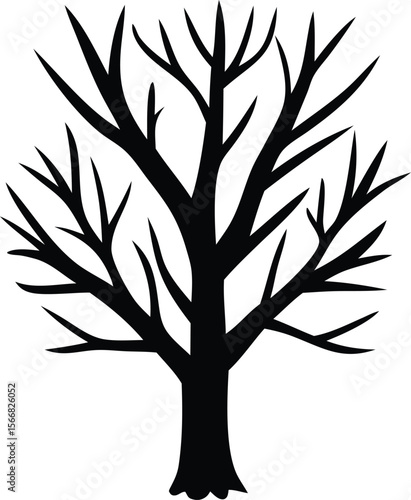 A stark black silhouette of a leafless tree with a thick trunk and many branching limbs reaching upwards against a white background