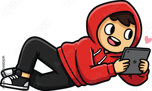 Boy lying down playing handheld video game wearing red hoodie and black pants casual clothing vector illustration