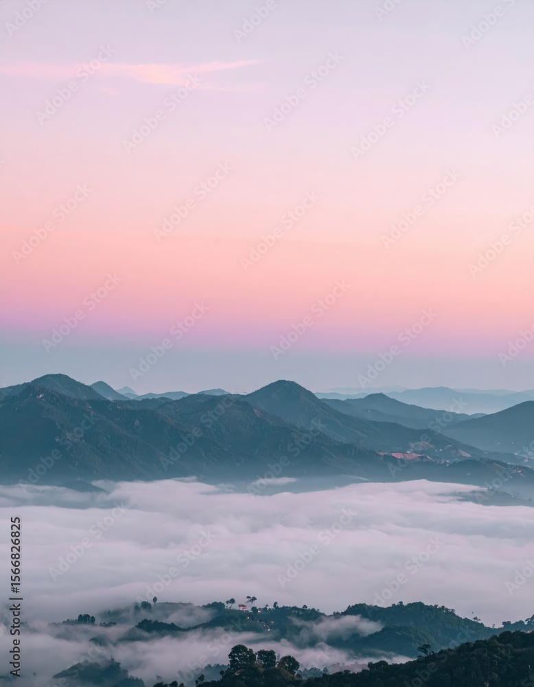 Fototapeta premium Mountain peaks emerging through a sea of clouds, pink sky