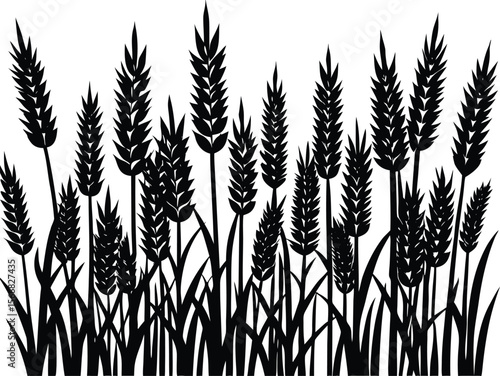 A striking black silhouette of a dense field of wheat stalks and blades against a clean white background conveying natural growth and simplicity