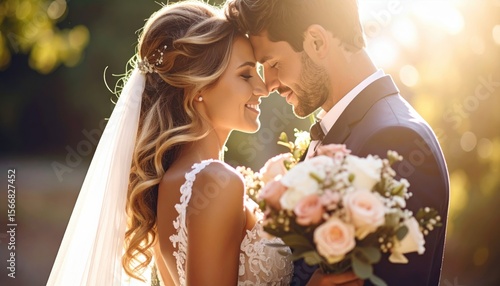 Newlyweds embracing, bathed in warm sunlight, joyfully in love
