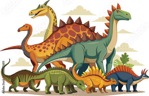 Colorful Cartoon Dinosaurs Grouped Together on a White Background Illustration