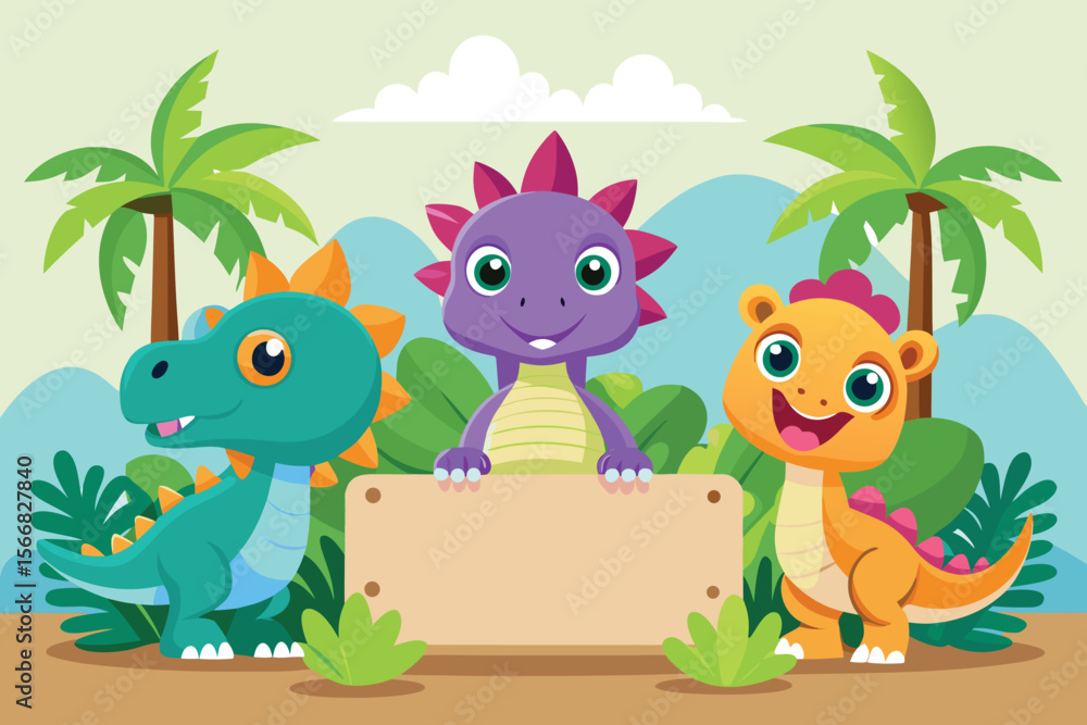 Naklejka premium Three Cartoon Dinosaurs Holding a Blank Sign in a Tropical Landscape