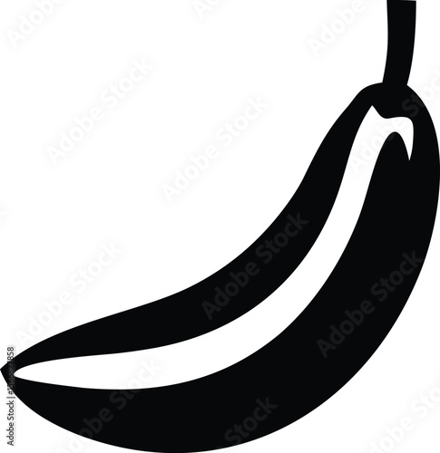 A simple bold black silhouette of a ripe banana with a distinct white stripe running down its curved body against a white background