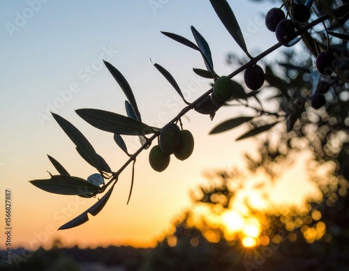 Olive branch silhouetted against a sunset with various olives
