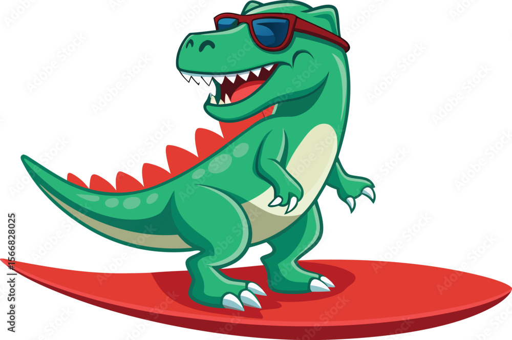 Fototapeta premium Cartoon Tyrannosaurus Rex Surfing with Sunglasses on a Red Surfboard