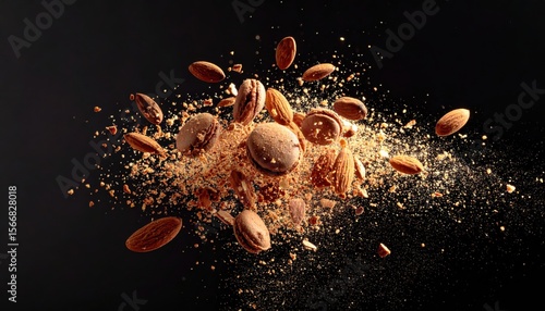 Nuts and pastries exploding, captured in mid-air, dark background