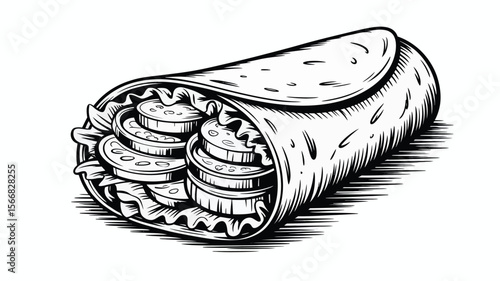 Illustration of a wrap sandwich with lettuce and sliced fillings in black and white drawing style