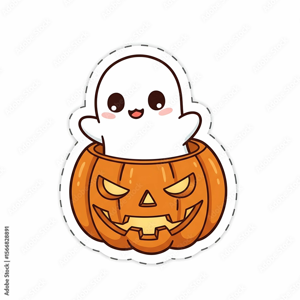 Fototapeta premium Adorable Cartoon Ghost Emerging from Carved Halloween Pumpkin Sticker Style.