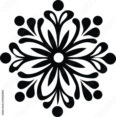 Intricate black and white floral snowflake design with delicate petal shapes and circular accents symbolizing winter beauty