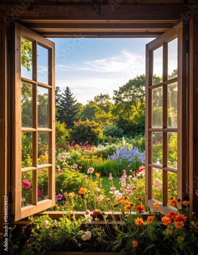 Open window framing a vibrant, sunlit flower garden and sky