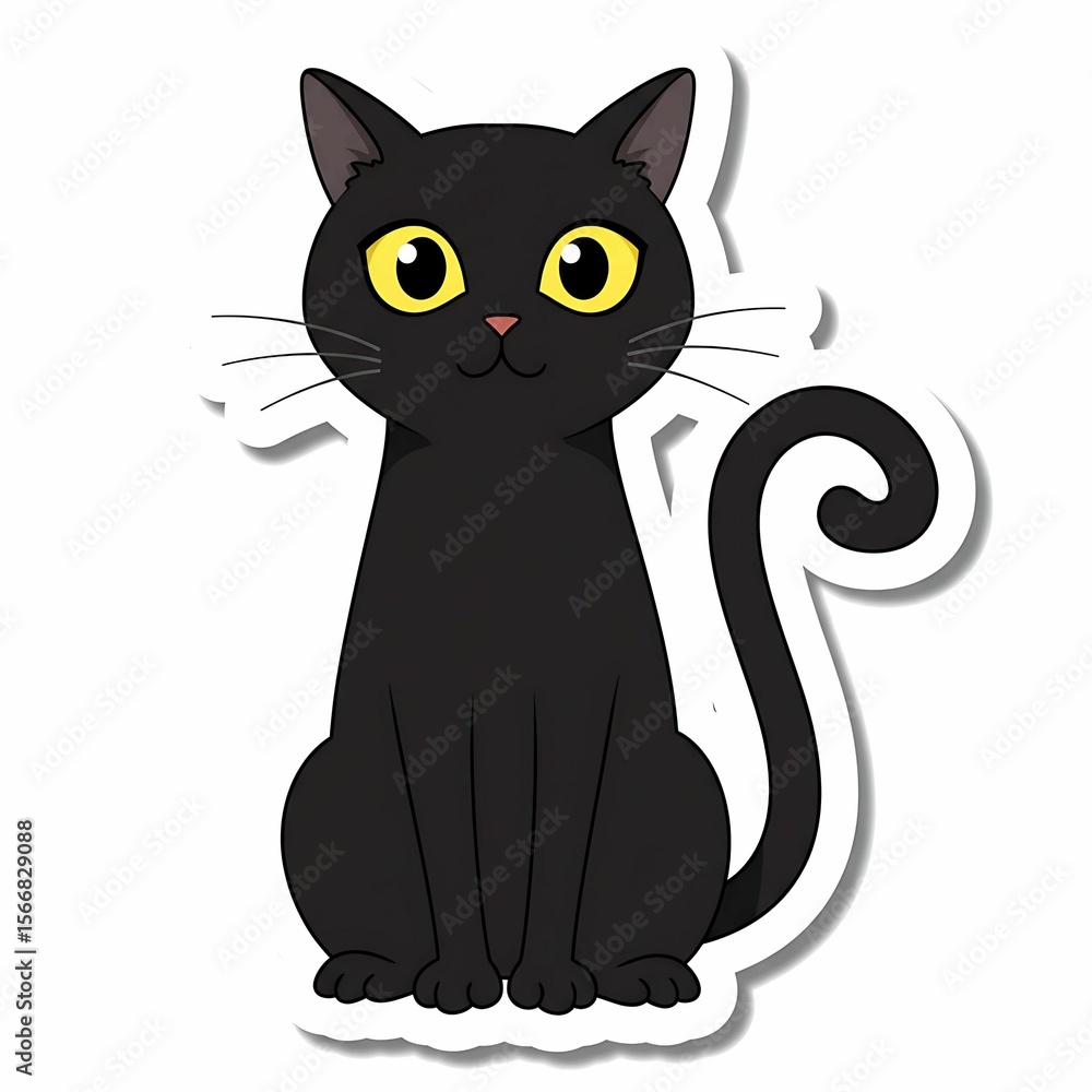 Fototapeta premium Cartoon Black Cat Sticker with Yellow Eyes Sitting Isolated on White.