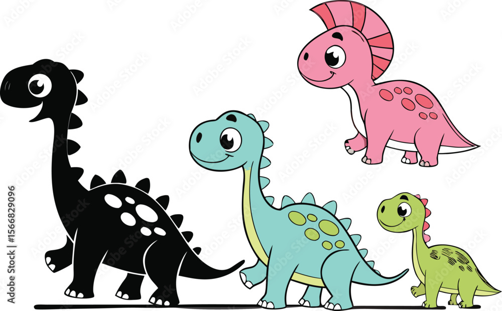 Fototapeta premium Cartoon Dinosaurs Illustration Set of Cute Prehistoric Animals for Kids