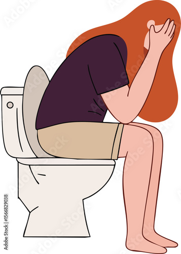 Woman sitting on toilet with hands on face feeling stressed or unwell vector illustration