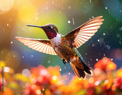 Ruby-throated hummingbird in flight near flowering plants
