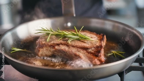 Sizzling Steak: Gourmet Rosemary-Infused Pan-Seared Beef, 4K Footage