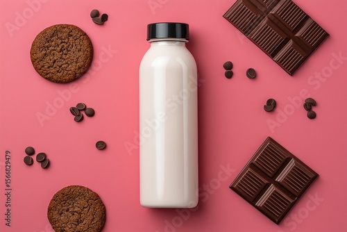 Drink bottle cookies chocolate chips and bars against bright background top down view