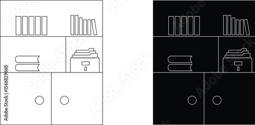 Minimal Bookshelf with Books and File Storage – Line and Solid Style Office Cabinet Icon