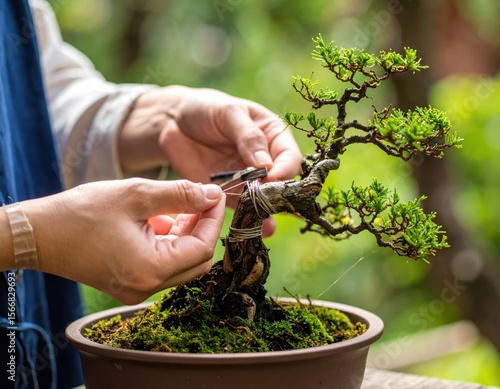 Person meticulously wiring a bonsai tree in a detailed close-up