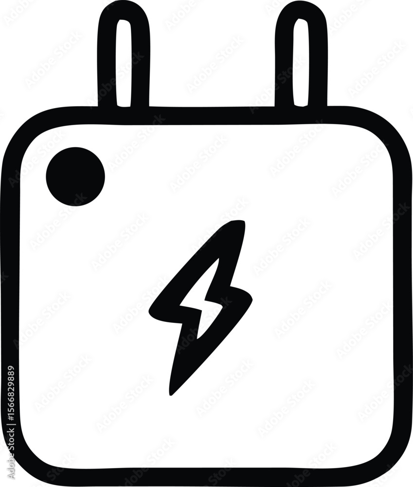 Simple black and white hand drawn icon of a power adapter with a lightning bolt symbol indicating electricity and charging capabilities Simple black and white hand drawn icon of a power adapter with a lightning bolt symbol indicating electricity and charging capabilities