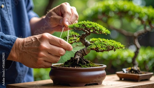 Person's hands shaping a miniature tree with wire outdoors