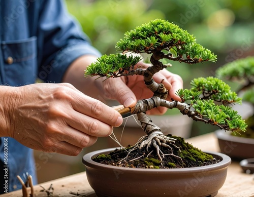 Person's hands skillfully shaping a small bonsai tree with tools