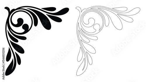 Two floral corner designs one filled in black and one in outline on a white background