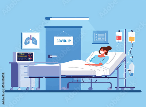 COVID-19 Patient in Hospital Bed Vector Illustration