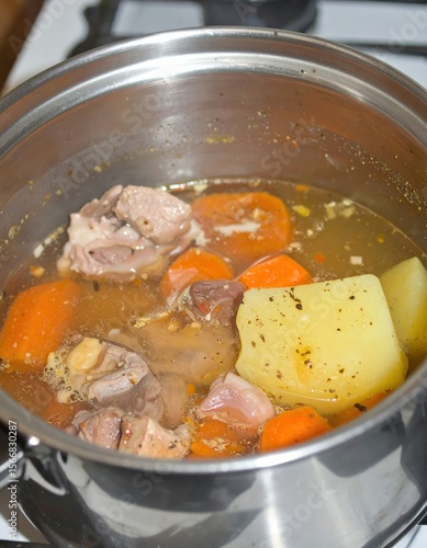 Pot of savory stew with meat, potatoes, and carrots simmering
