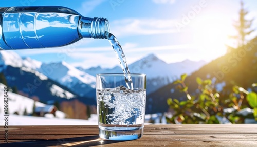 Pouring clear liquid into a glass against snowy mountain view