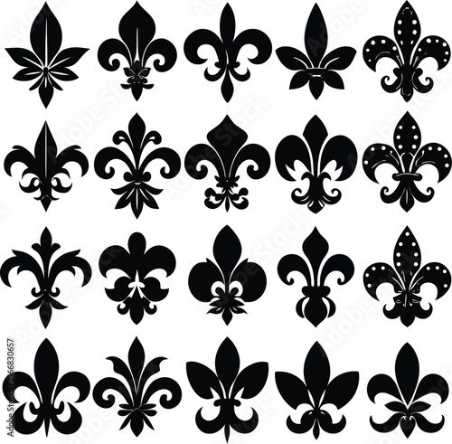 A collection of diverse black fleur de lis symbols showcasing various ornate designs and decorative elements on a white background