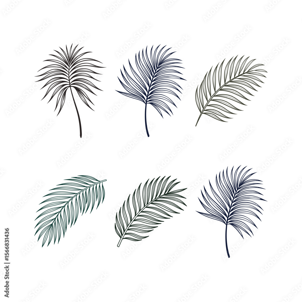 Fototapeta premium Assorted Palm Leaf Illustrations in Black and Green on White Background