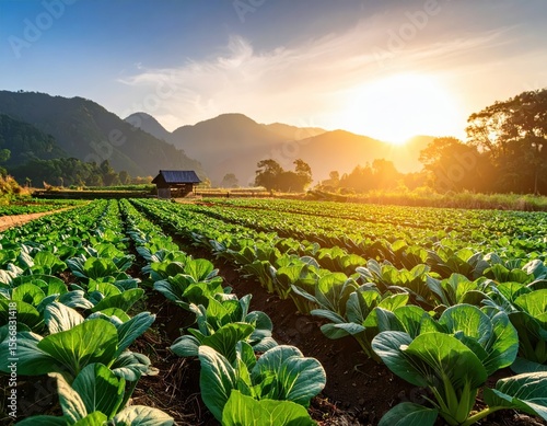Serene field of green vegetables bathed in golden sunrise glow