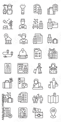 Essential Packing for Sightseeing Trips set of web icons in line style. essential packing, sightseeing trip, travel essentials, packing list, day trip packing and travel gear. Vector illustration.