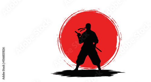 Ninja Warrior Silhouette with Red Sun.