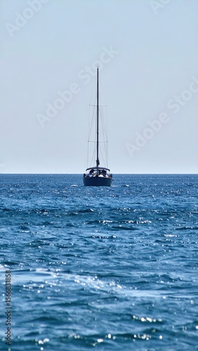 Single sailboat on the calm, sparkling blue ocean under clear skies
