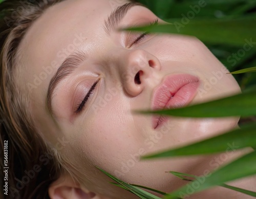 Serene woman's face framed by verdant palm fronds, eyes closed