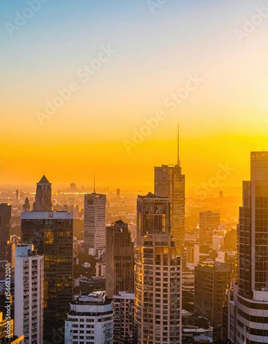 Skyscrapers silhouetted against a brilliant, warm sunset sky