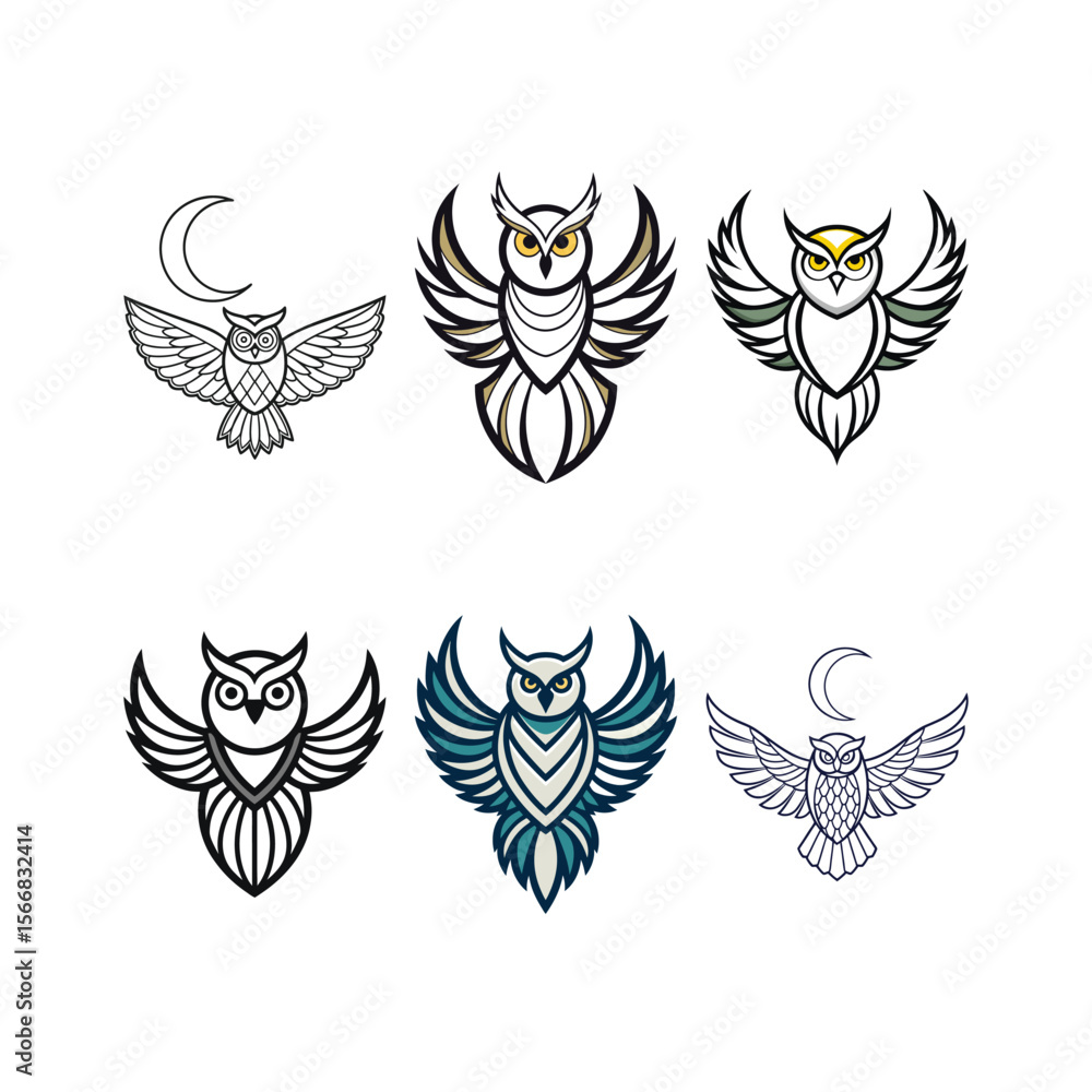 Fototapeta premium Collection of stylized owl logos with wings and moon elements