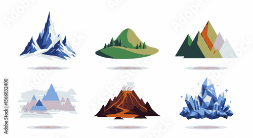 Six stylized illustrations of mountains, volcanoes, and ice formations, showcasing diverse landscapes.