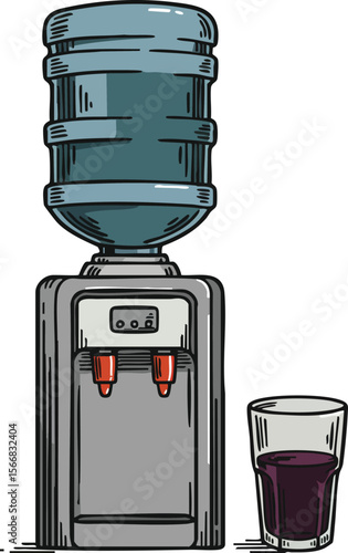 Water cooler with blue bottle and glass filled with dark liquid vector drawing for office or home hydration needs