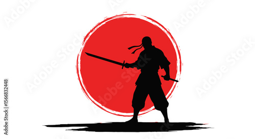 Samurai Warrior Silhouette with Katana, and Japan Sun.
